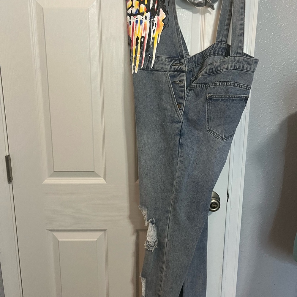 NWT Sheilay Denim Overalls with Colorful Graphic Lip Design Lg - Picture 7 of 9